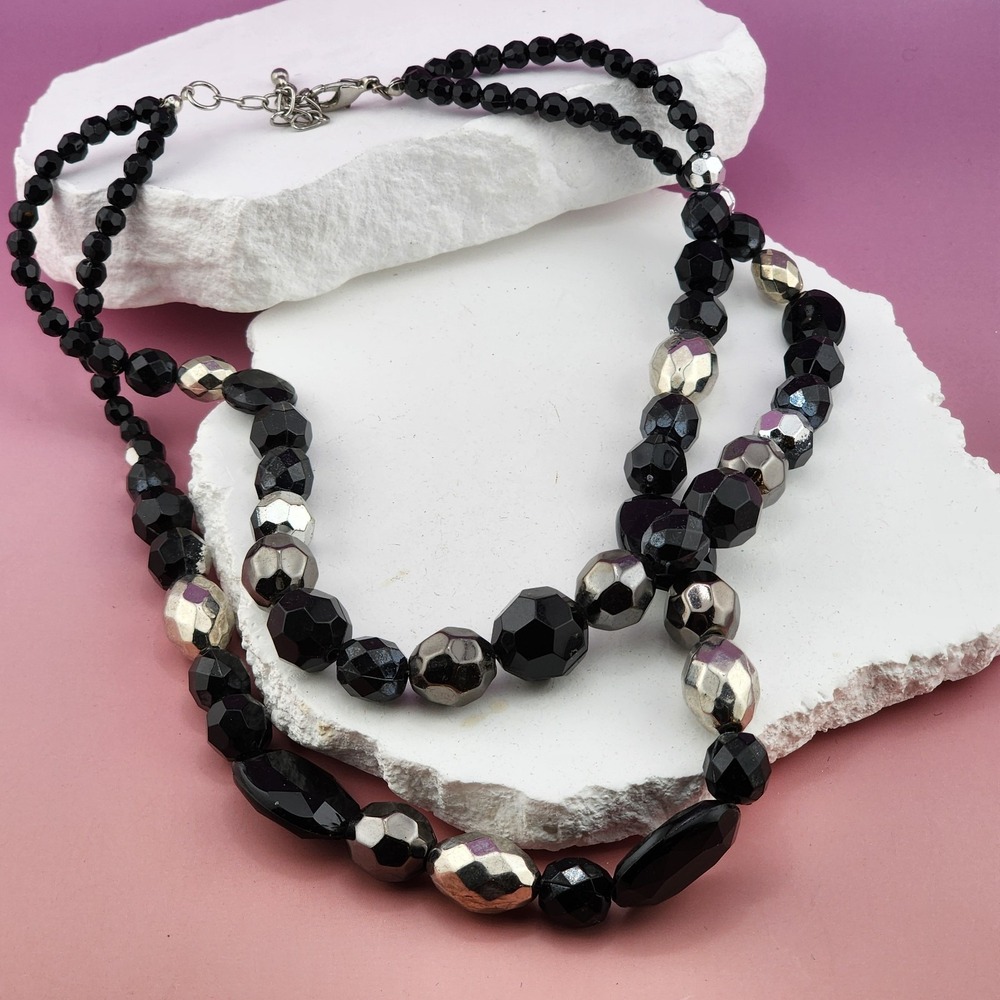 Black Silver Tone Faceted Glass-Style Bead Multi Strand Statement Necklace Gift